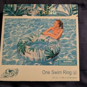 Inflatable Kids Swim Ring with Tropical Leaf Print - Blue/Green